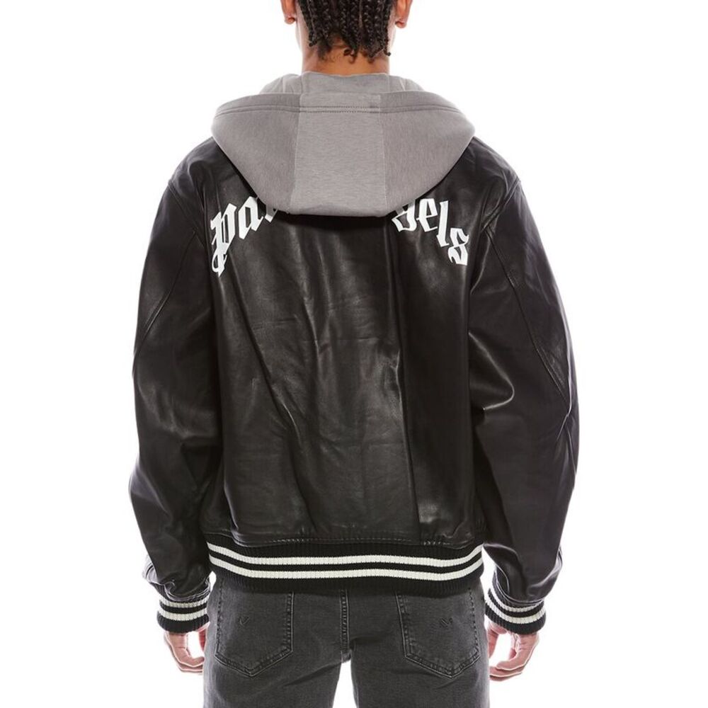 Palm Angels Mens Curved Logo Leather Bomber Jacket, Black - Picture 2 of 3